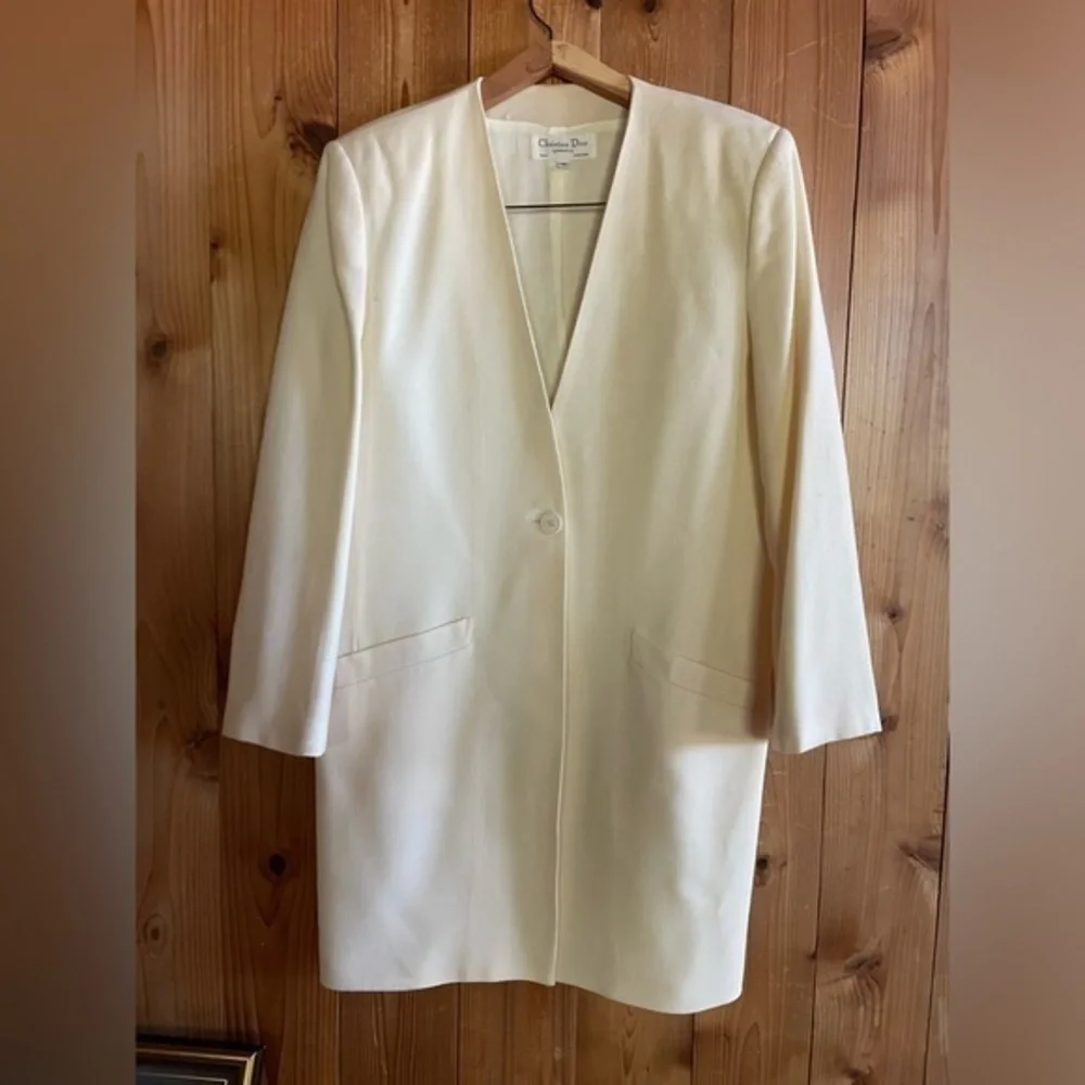 Christian Dior Vintage Minimalist Collarless Coat Suit Jacket Cream Wool